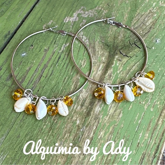 Big extra long silver hoops and tiger shell bright yellow hoops/ shell jewelry - Picture 1 of 2